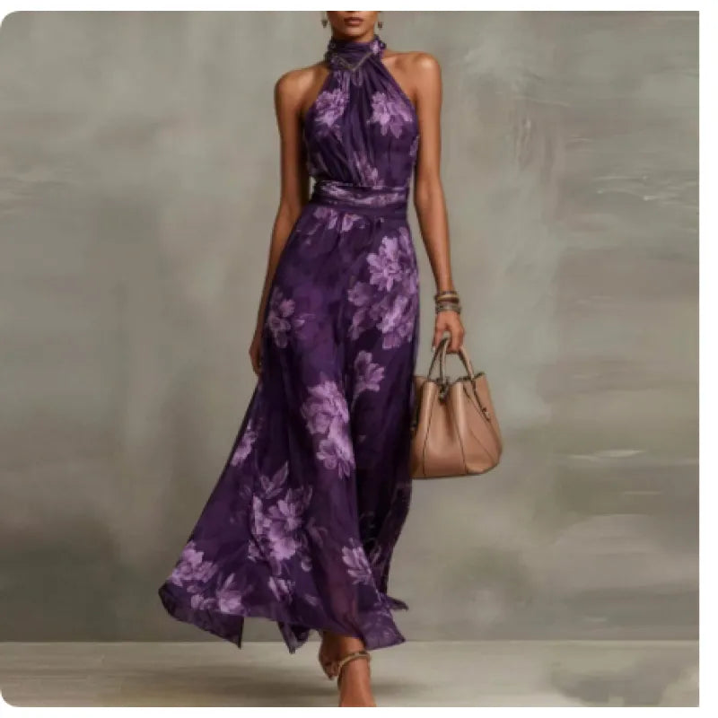 Ava — Elegant Halterneck Maxi Dress with Floral Print
