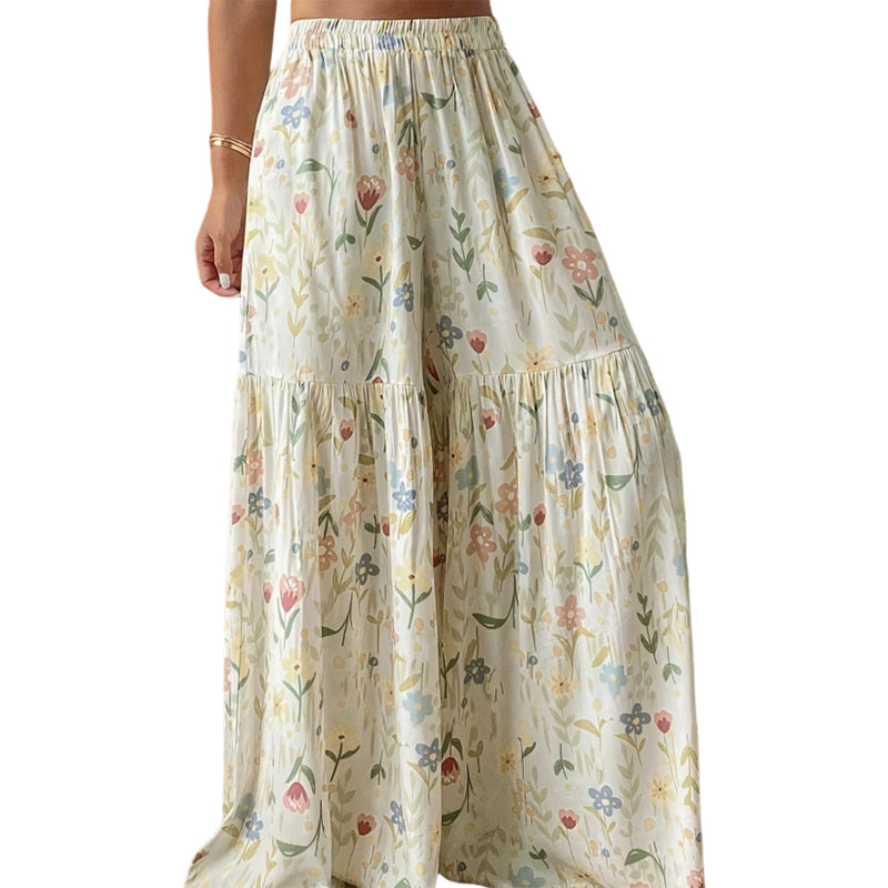 Sophia – Women's pants with high waist, wide leg, and floral pattern with pockets