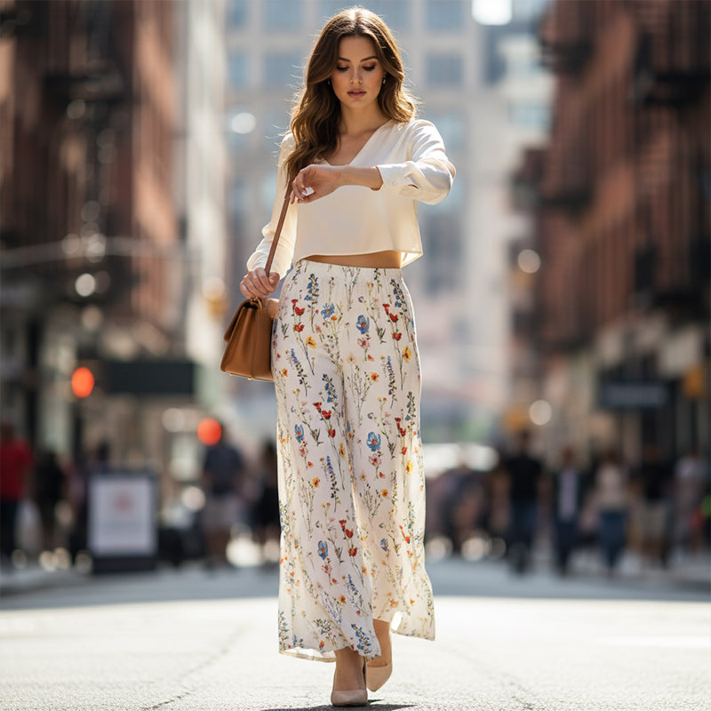 Sophia – Women's pants with high waist, wide leg, and floral pattern with pockets