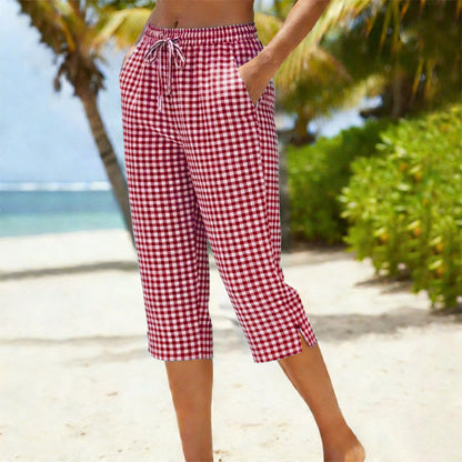 Emma – Women's Capri Pants with Check Pattern Made of Breathable Cotton-Linen Blend