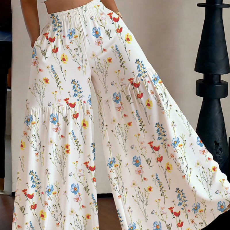Sophia – Women's pants with high waist, wide leg, and floral pattern with pockets