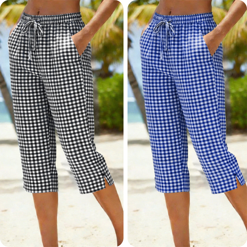 Emma – Women's Capri Pants with Check Pattern Made of Breathable Cotton-Linen Blend