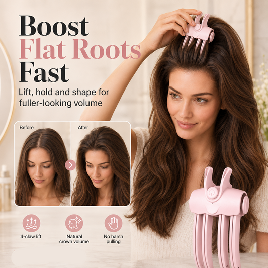 A woman demonstrates a pink claw-style root-lifting tool on her hair, with promotional text reading 'Boost Flat Roots Fast' and before/after inset photos showing fuller-looking roots. The product itself is visible in the lower right, and the brand name Londonnk.