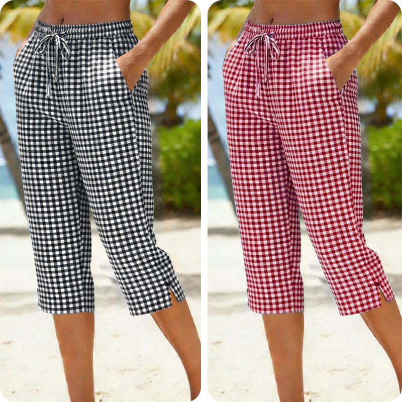 Emma – Women's Capri Pants with Check Pattern Made of Breathable Cotton-Linen Blend