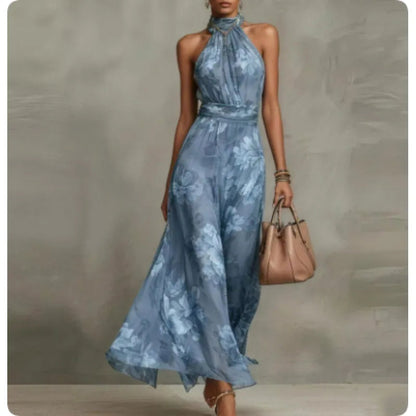 Ava — Elegant Halterneck Maxi Dress with Floral Print
