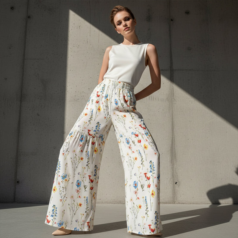 Sophia – Women's pants with high waist, wide leg, and floral pattern with pockets