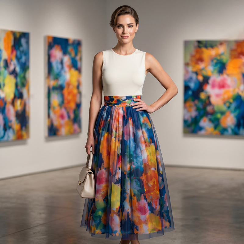 Liana — Women’s Hand-Painted Floral Tulle Skirt with Breathable Comfort