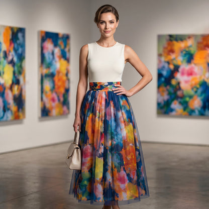 Liana — Women’s Hand-Painted Floral Tulle Skirt with Breathable Comfort