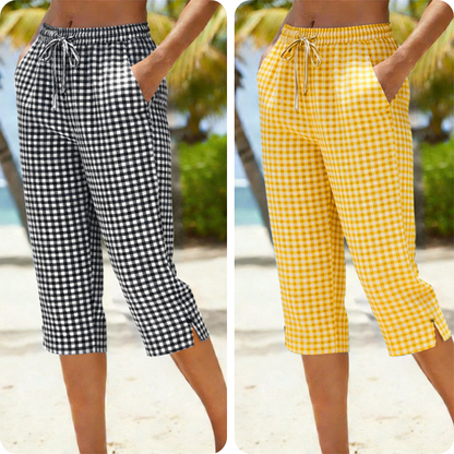 Emma – Women's Capri Pants with Check Pattern Made of Breathable Cotton-Linen Blend