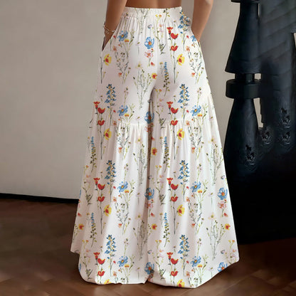 Sophia – Women's pants with high waist, wide leg, and floral pattern with pockets