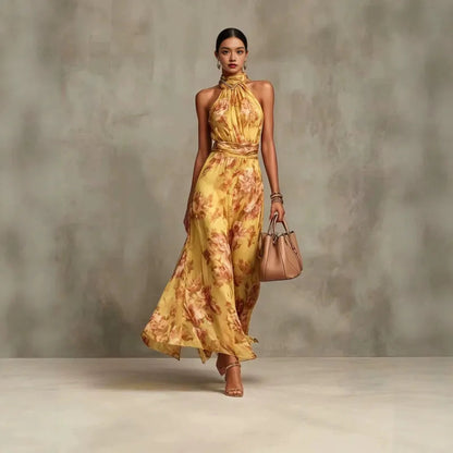 Ava — Elegant Halterneck Maxi Dress with Floral Print