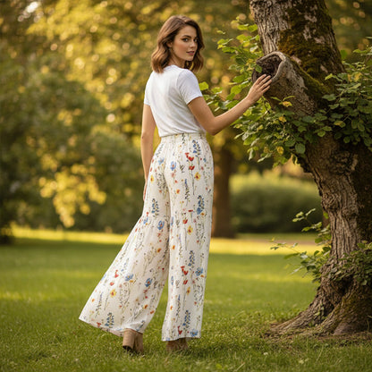 Sophia – Women's pants with high waist, wide leg, and floral pattern with pockets