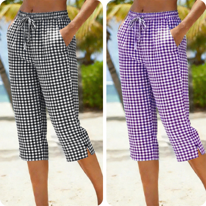 Emma – Women's Capri Pants with Check Pattern Made of Breathable Cotton-Linen Blend