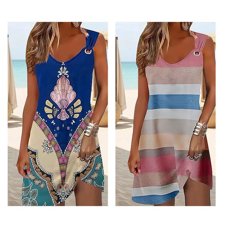 Lan – Women's Sleeveless V-Neck Dress with Metal Ring Accents