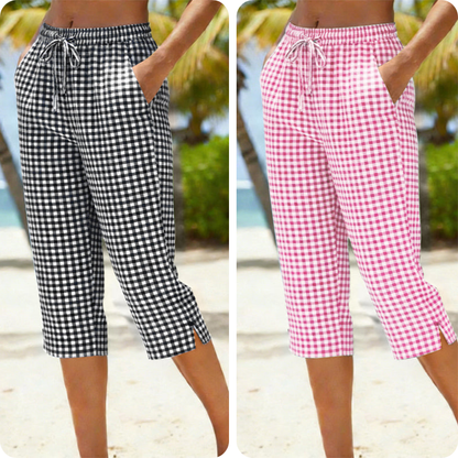 Emma – Women's Capri Pants with Check Pattern Made of Breathable Cotton-Linen Blend