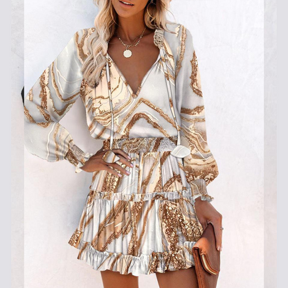 Lena – Women's V-Neck Mini Dress with Ruffle Hem and Waist Shaping