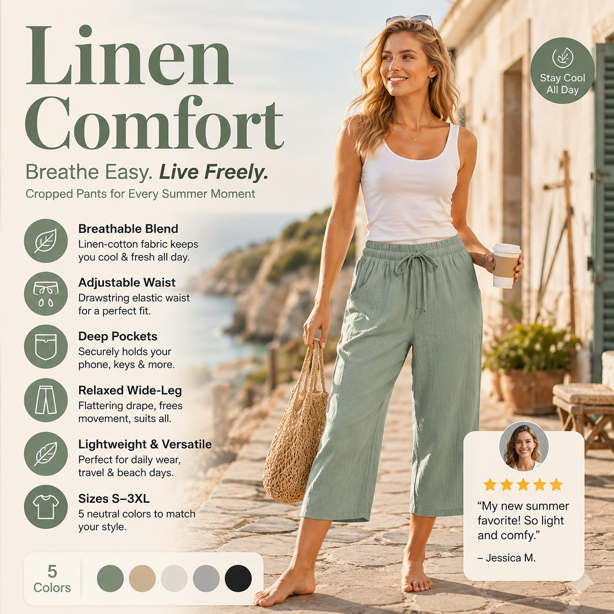 Ava – Lightweight pants made from a linen-cotton blend with adjustable waistband