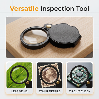 Foldable portable 15X magnifying glass with leather case — See Tiny Details Instantly