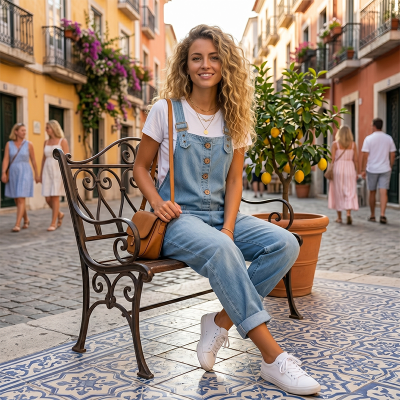 Maria – Casual-fitting denim overalls with adjustable buckles