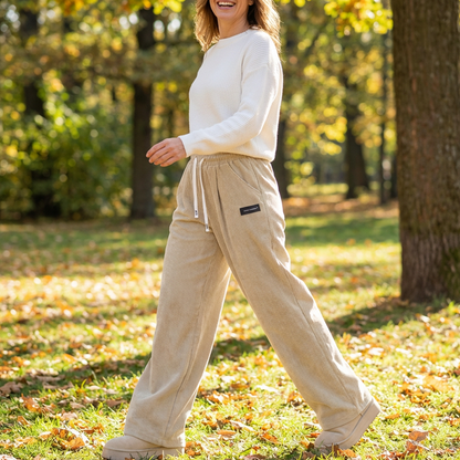 Ella – Women's Corduroy Pants with Wide Leg and Adjustable Waistband