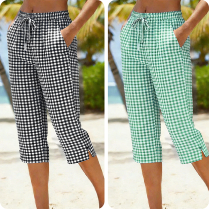 Emma – Women's Capri Pants with Check Pattern Made of Breathable Cotton-Linen Blend
