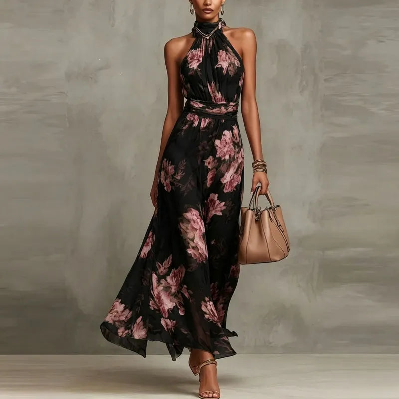 Ava — Elegant Halterneck Maxi Dress with Floral Print