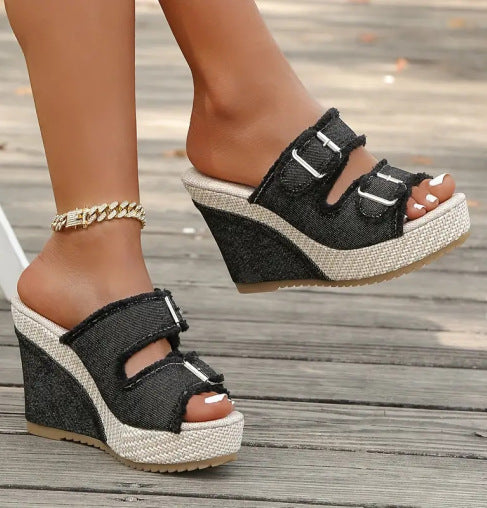 Lana – Breathable Denim Platform Sandals with 10 cm Heel