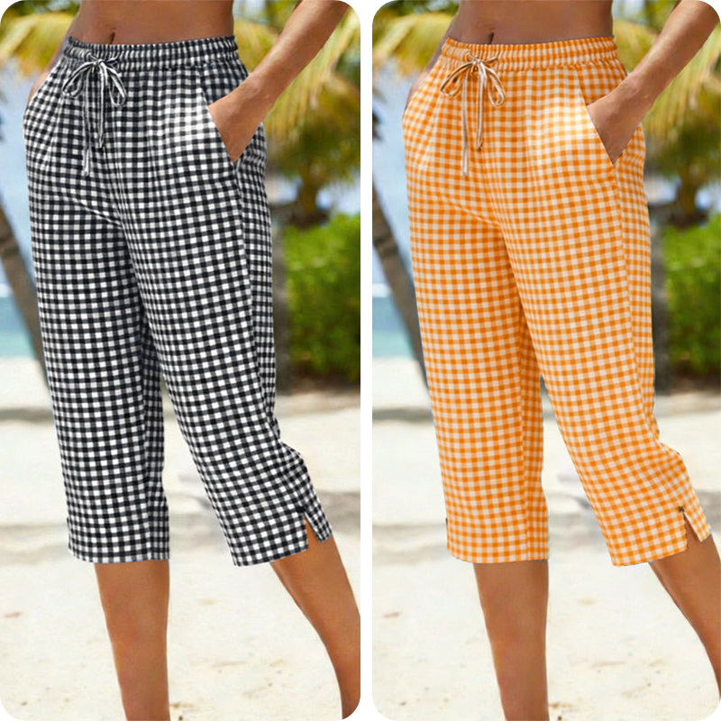Emma – Women's Capri Pants with Check Pattern Made of Breathable Cotton-Linen Blend