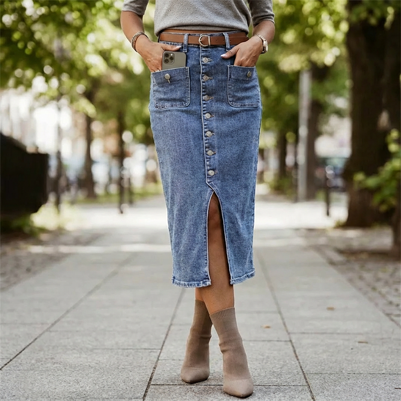 Amelia — High-Waisted Denim Pencil Skirt with Vintage Flair