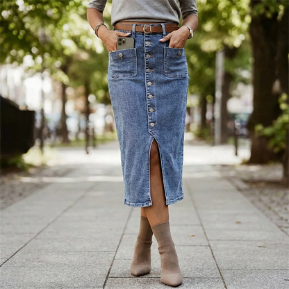 Amelia — High-Waisted Denim Pencil Skirt with Vintage Flair