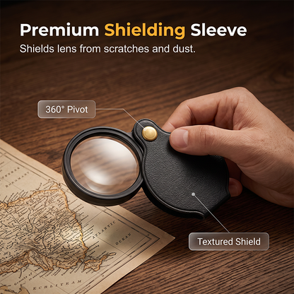 Foldable portable 15X magnifying glass with leather case — See Tiny Details Instantly