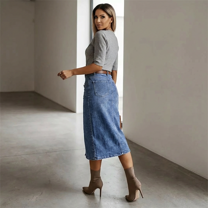 Amelia — High-Waisted Denim Pencil Skirt with Vintage Flair
