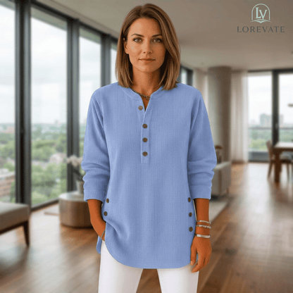Anna — Cozy Cord Henley Sweater | 50% OFF