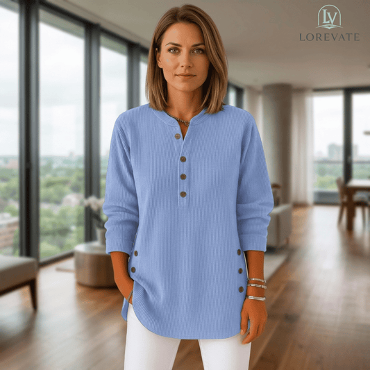 Anna — Cozy Cord Henley Sweater | 50% OFF