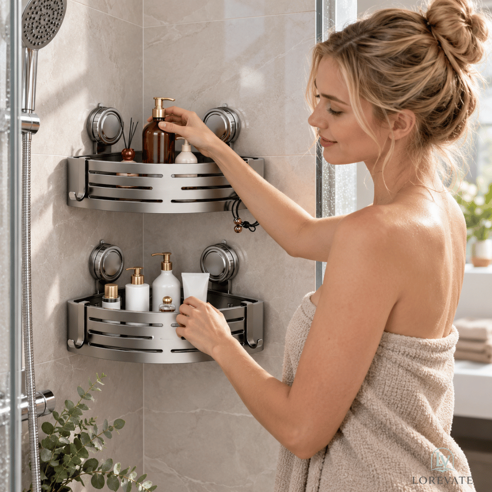 AquaNest — Étagère d’angle de douche sans perçage | -50 %