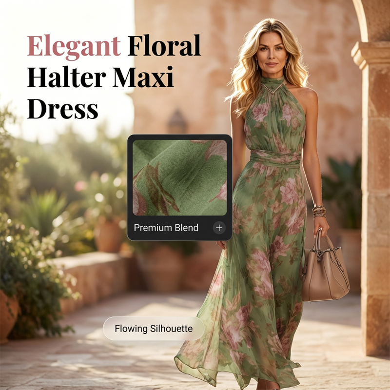 Ava — Elegant Halterneck Maxi Dress with Floral Print
