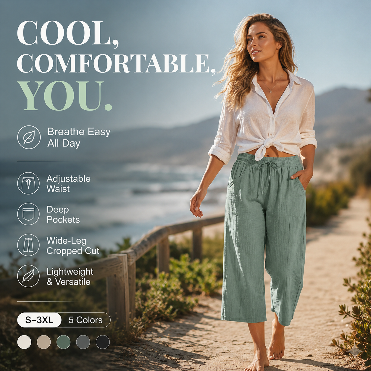 Ava – Lightweight pants made from a linen-cotton blend with adjustable waistband