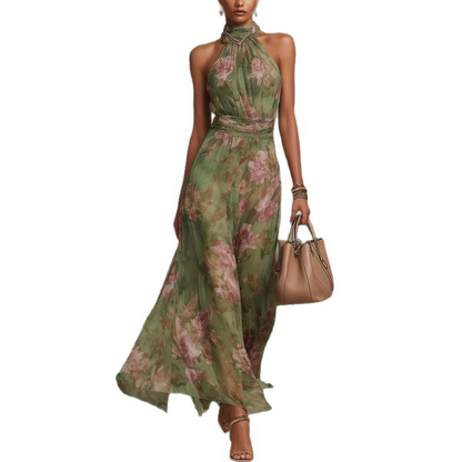 Ava — Elegant Halterneck Maxi Dress with Floral Print