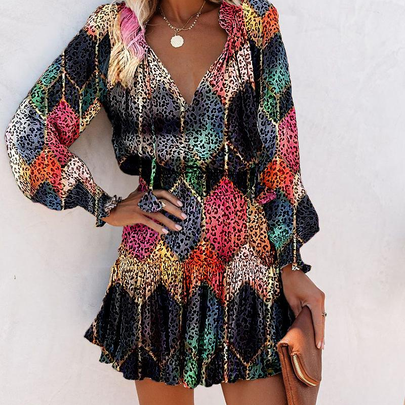 Lena – Women's V-Neck Mini Dress with Ruffle Hem and Waist Shaping