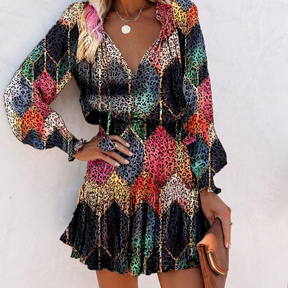 Lena – Women's V-Neck Mini Dress with Ruffle Hem and Waist Shaping