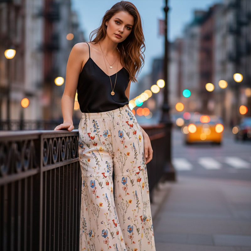 Sophia – Women's pants with high waist, wide leg, and floral pattern with pockets