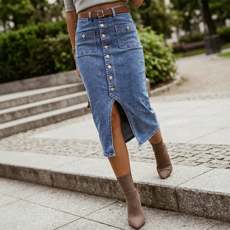 Amelia — High-Waisted Denim Pencil Skirt with Vintage Flair