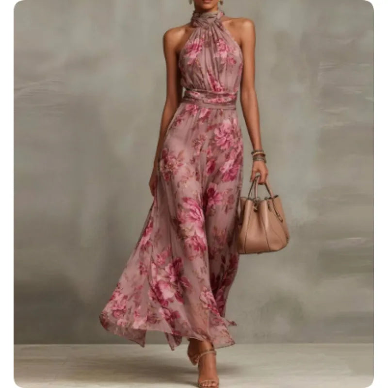 Ava — Elegant Halterneck Maxi Dress with Floral Print