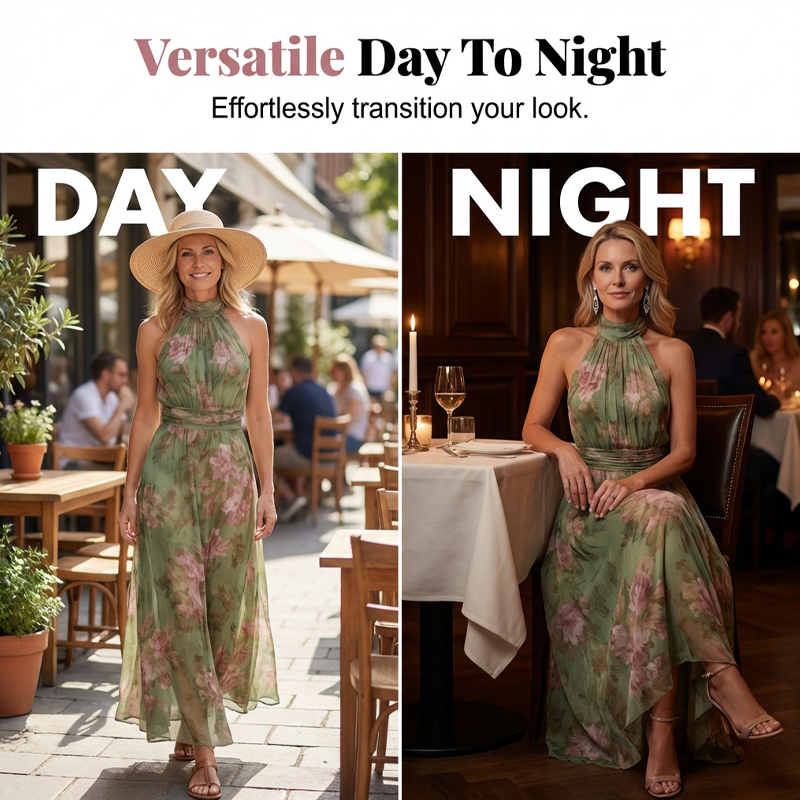 Ava — Elegant Halterneck Maxi Dress with Floral Print