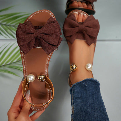 Heidi – Women's Sandals with Bow and Pearl Decoration at the Ankle