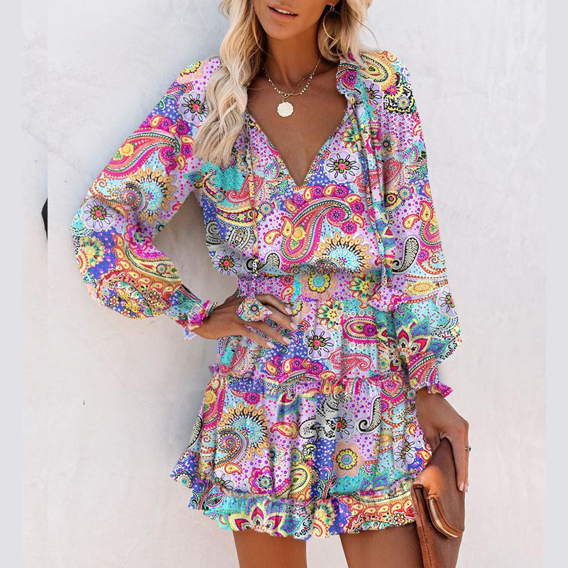 Lena – Women's V-Neck Mini Dress with Ruffle Hem and Waist Shaping