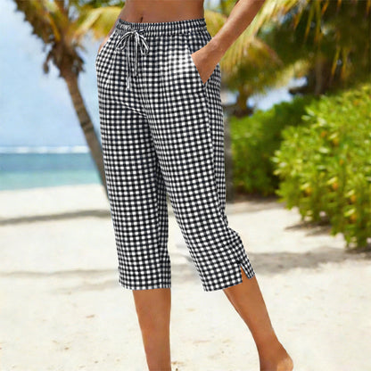 Emma – Women's Capri Pants with Check Pattern Made of Breathable Cotton-Linen Blend