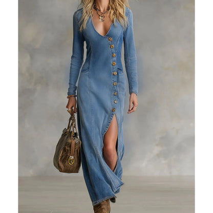 Heidi – Elegant Maxi Dress with Deep V-Neckline and Side Slit