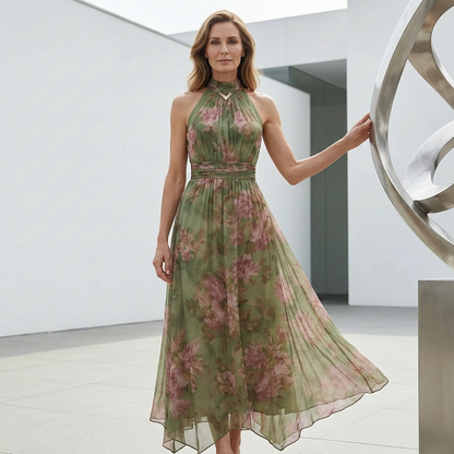 Ava — Elegant Halterneck Maxi Dress with Floral Print