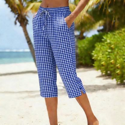 Emma – Women's Capri Pants with Check Pattern Made of Breathable Cotton-Linen Blend